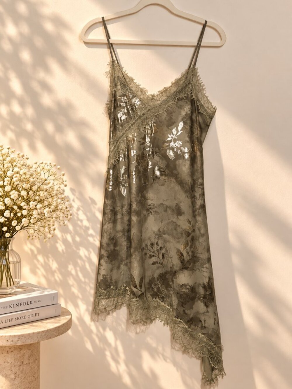 Bershka Metallic Floral Lace Asymmetrical Slip Dress NWT